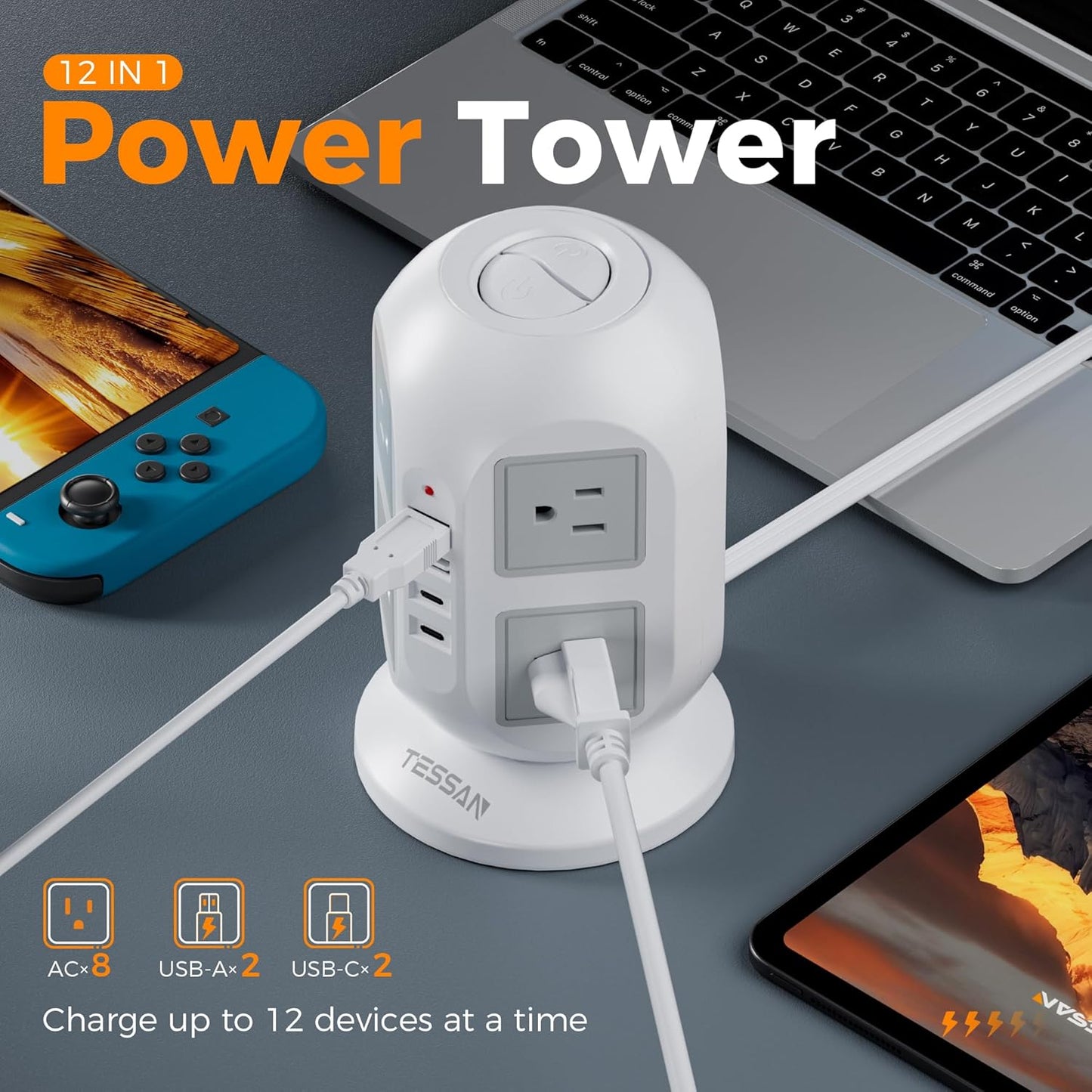 Tower Power Strip, Surge Protector 10 FT Cord, TESSAN Flat Plug Extension Cord with Multiple Outlets, 8 AC Outlets with 4 USB Ports (2 USB C), Charging Station with Surge Protection, for Office Dorm