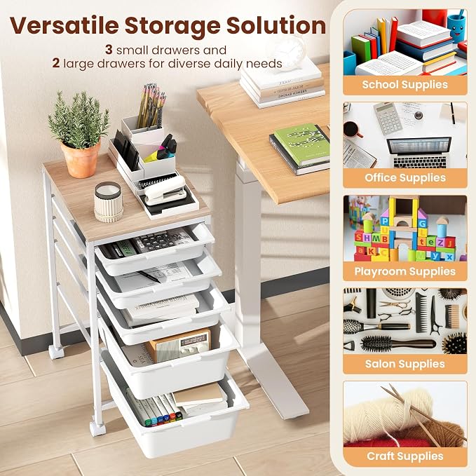 Giantex Rolling Storage Cart with 5 Drawers, Utility Cart w/Wooden Tabletop, Lockable Wheels, Multipurpose Organizer for Art Craft Books Paper, Drawer Carts for Dorm Classroom Office, White