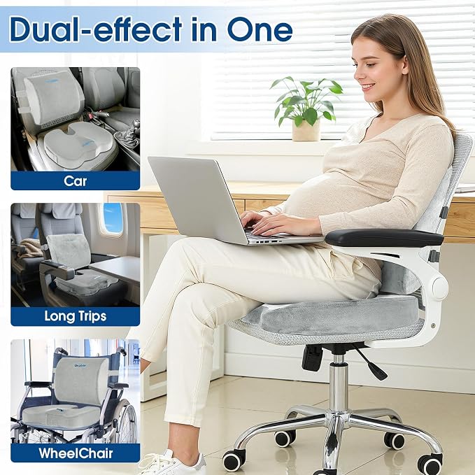 CloudBliss Lumbar Support Pillow & Seat Cushion Set for Office Chair,Desk Chair,Wheelchair & Car–Memory Foam Back Support, Ergonomic Chair Cushions, Sciatica Pain Relief,Home Essentials(Light Grey,XL)