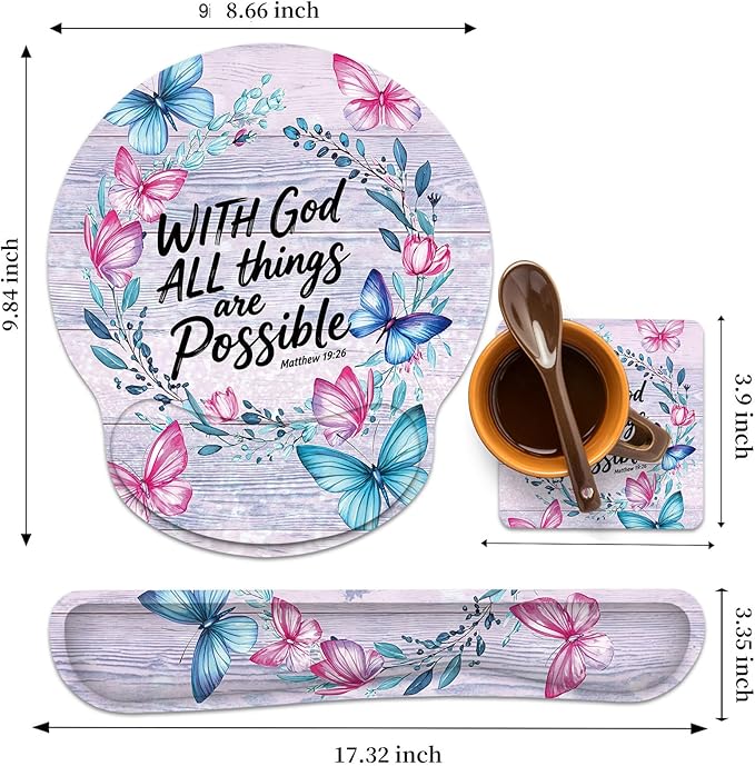 Keyboard Wrist Rest and Mouse Wrist Rest Pad with Cup Coaster,Made of Memory Foam,Ergonomic Support,Easy-Typing and Pain Relief,for Gaming Office Home Computer,with God All Things are Possible Floral