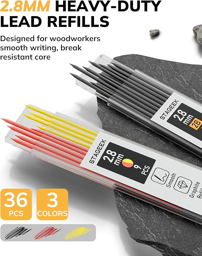 STAGEEK 2.8mm Mechanical Carpenter Pencils with Sharpener, 2 Pack | 38 Refills, Construction Pencil Heavy Duty Woodworking Tools, Waterproof Deep Hole Long Nib Marker Pens for Architect Marking