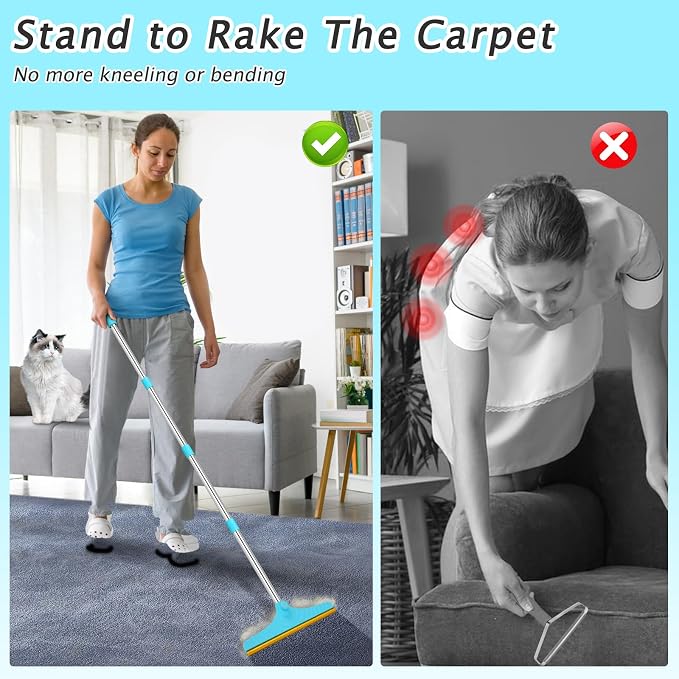 Carpet Rake for Pet Hair Removal Tool, Dog Cat Hair Remover for Furniture | 60'' Pet Hair Remover Broom for Pet Owner Reusable Hair Remover with Adjustable Handle, Carpet Brush for Rugs, Mats, Couch
