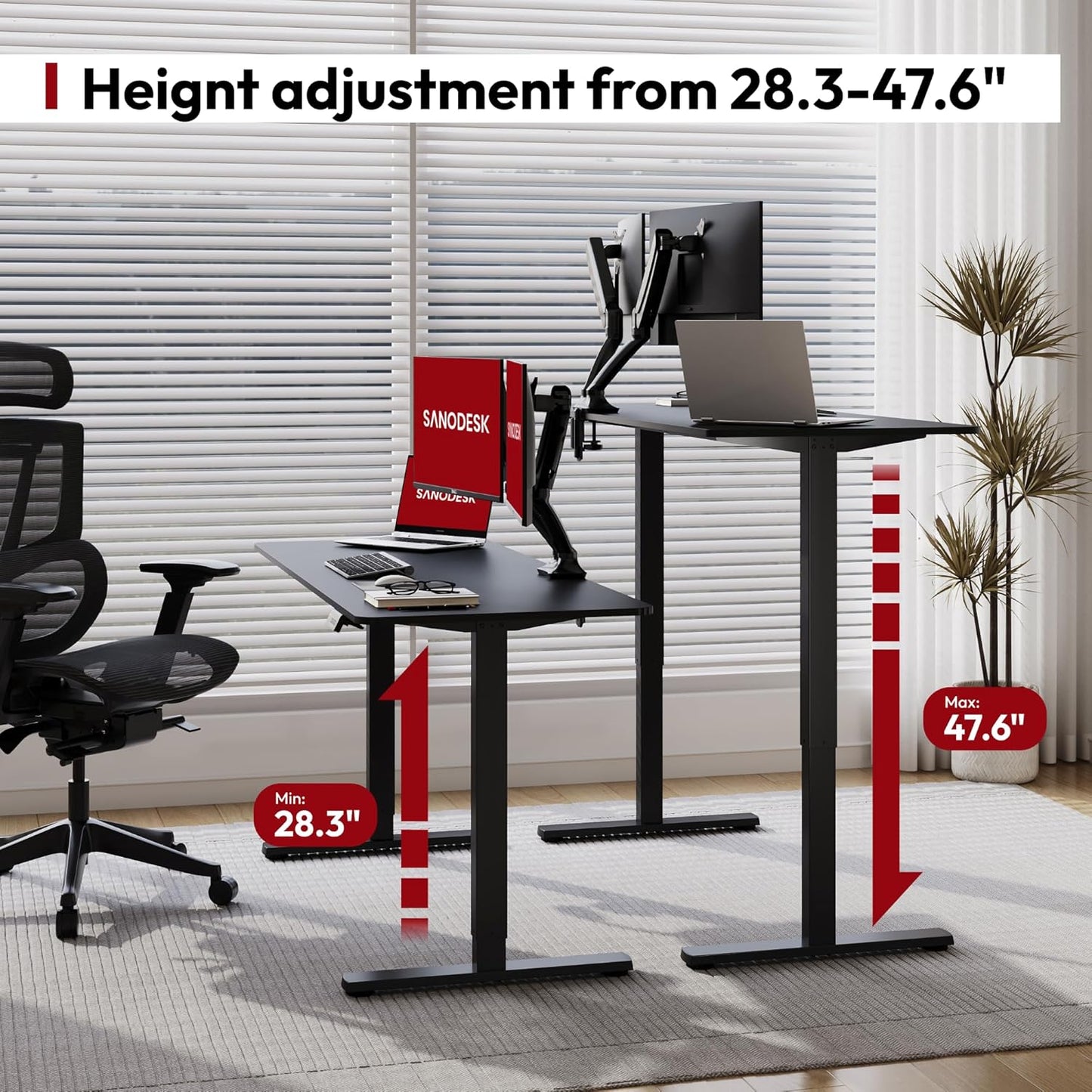 SANODESK Electric Standing Desk 63x28 Inch Height Adjustable Stand Up Desk Home Office Computer Workstation Sit Stand Home Office Desk with Splice Board (Black Frame + Black Top)