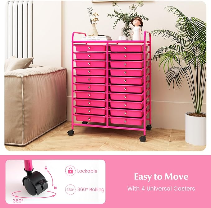 RELAX4LIFE 20-Drawer Rolling Storage Cart - Mobile Rolling Cart w/Drawers for School Classroom Teacher Office Home Salon, Paper File Art Supply Craft Organizer, Utility Cart on Wheels (Hot Pink)