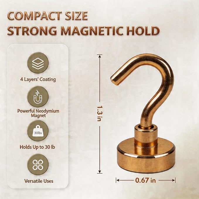 Neosmuk Magnetic Hooks,30lb+ Heavy Duty Earth Magnets with Hook for Refrigerator, Extra Strong Cruise Hook for Hanging, Magnetic Hanger for Cabins, Grill (Bronze, 10 Pack)