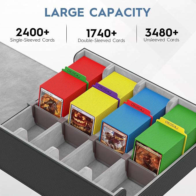 Trading Card Storage Box, 3200+ MTG Card Storage, 4 Row TCG Card Organizer Box with 24 Colorful Dividers and 4 Stands, Bulk PKM Storage, Deck Case Holder Fits for YuGiOh, Game Cards (Black & Gray)