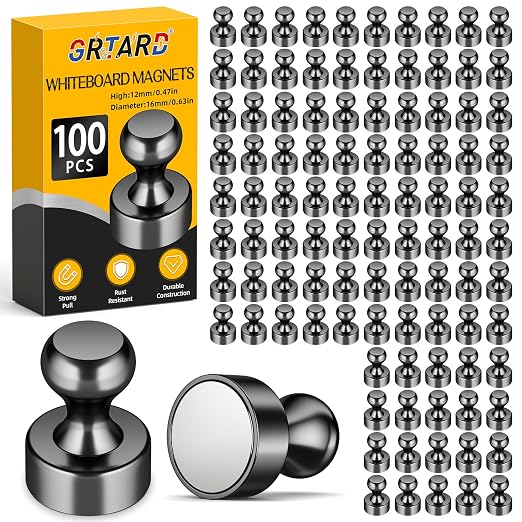 100 Pack Magnets for Whiteboard, Black Magnetic Push Pins | Whiteboard Magnets, Fridge Magnets, Small and Strong Push Pin Magnet, Sticky Note Holder for Office, School, Refrigerator