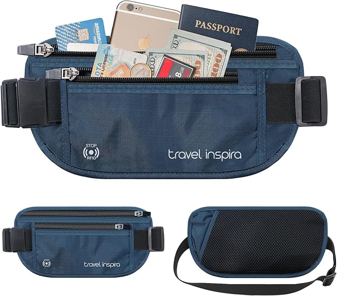 Travel Money Belt with Slim Anti-Theft RFID Passport Holder for Travel | Waist Pack Concealed under Clothes for Ultimate Protection of Credit Cards, Cash, Passport & Documents, Navy Blue