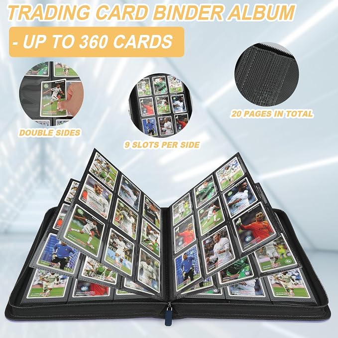360 Cards Ringless 9-Pocket Side Loading Trading Card Binder, PU Zipper Fixed Page Card Album for TCG Sports Cards, Not Fit Top Loaders (Blue)