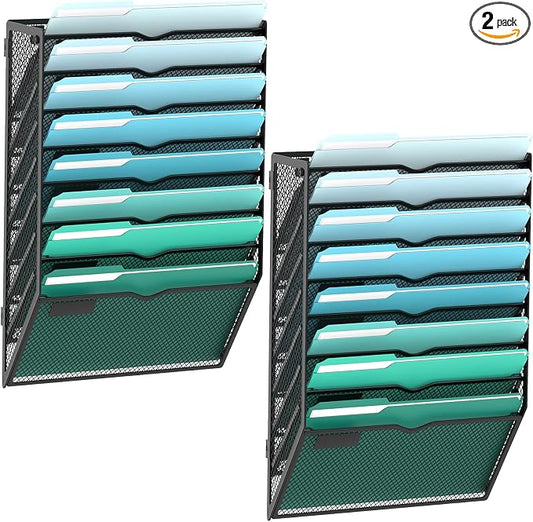 8-Tier Wall File Organizer, Wall Mounted Mail Sorter, 2 Pack | Metal Mesh Hanging File Organizer with Open Compartments and Label Panels for Papers and Folders at Home, Office or School