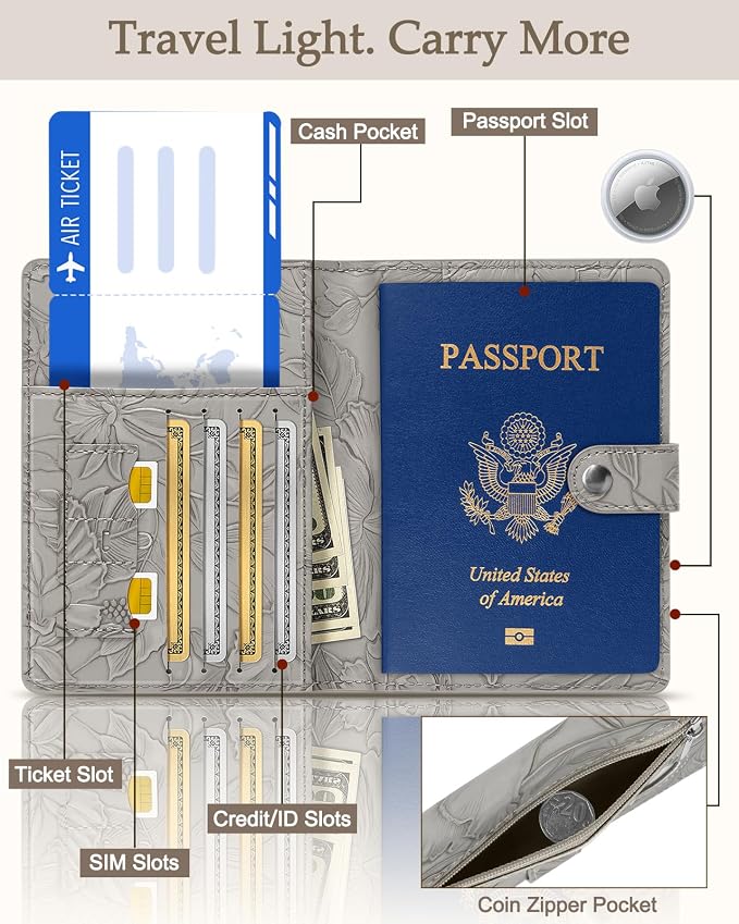 Slohif Elegant RFID Passport Holder for Travel with AirTag Elephant Gray | Floral Embossed Passport Wallet for Women, Slim Vegan Leather Travel Organizer with Money Pocket and Card Slots