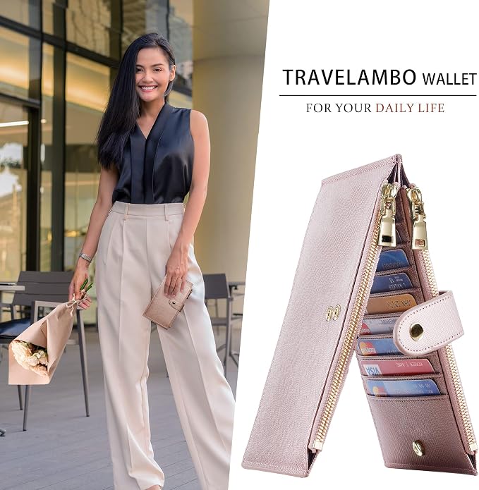 Travelambo RFID Wallet Women Large Size Bifold Multi Card Wallet Case with Zipper Pocke Credit Card Holder for Women