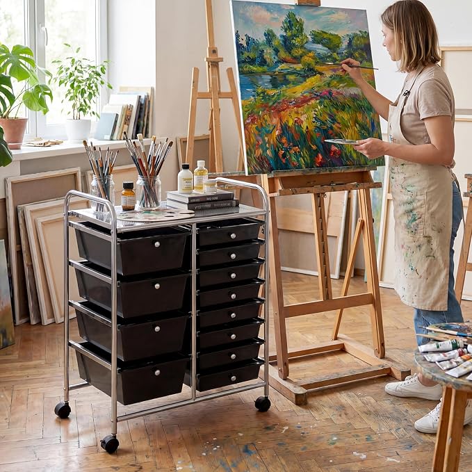 COSTWAY 12 Drawer Rolling Storage Cart, Utility Cart with Metal Frame | Mobile Art Supply Craft Organizer, Multipurpose Storage Organizer for Paper, Office, School Teacher, Classroom, Black