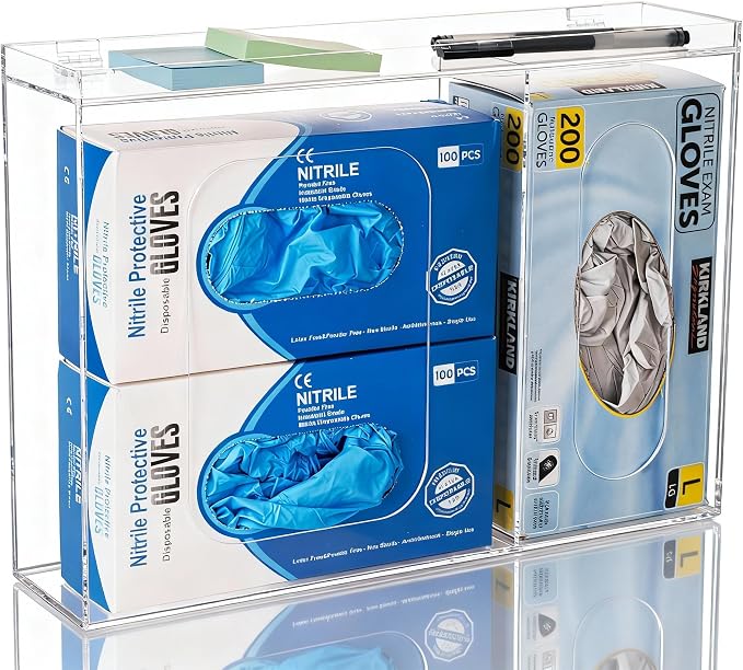 SEANADO Acrylic Disposable Glove Holder for Wall Mount or Tabletop , Clear Glove Box Organizer Rack Dispenser with Lid for Tissues, Beard Cover, Face Masks, Bags,Hairnet and Shoe Covers