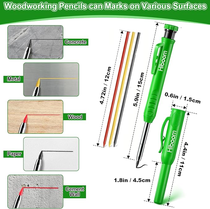 Hiboom 4 Pack Carpenter Pencil with 36 Refills Built In Sharpener (Green) | Concrete Wood Metal, Deep Marking, Multi-Color Refills, 2.8mm Lead, Construction Work, Waterproof, Carpenter Builder DIY