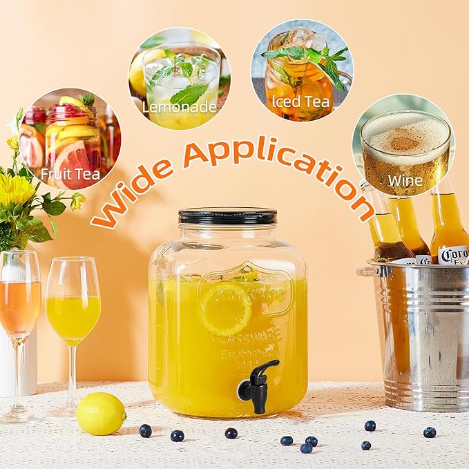 FavorFlavor 1.5 Gallon Drink Dispenser : 2P Glass Dispenser w/Metal Stand | Stainless Steel Spigot-Large Dispenser for Lemonade/Juice/Sun Tea/Drinks-Ideal for Home Gatherings&Parties