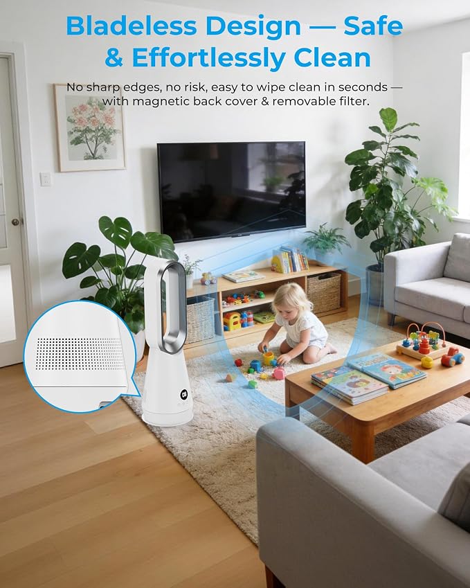 22" Small 32dB Silent Bladeless Tower Fan with Remote, Magnetic Washable Filter, LED Display, 8 Speed Settings, 80 Oscillation, 1-9H Timer, 30W Energy Saving for Indoor Use Bedroom and Office