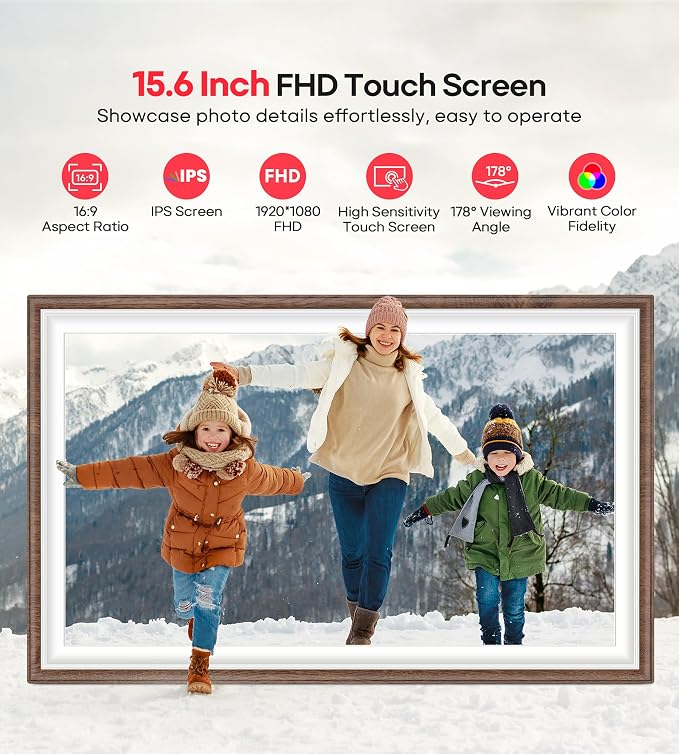 64GB Frameo 15.6" Digital Picture Frame Large 1920 x 1080 IPS FHD Touch Screen WiFi Electronic Photo Frames Share Moments Instantly Anywhere Best Gifts for Parents and Grandparents Brown Wood White
