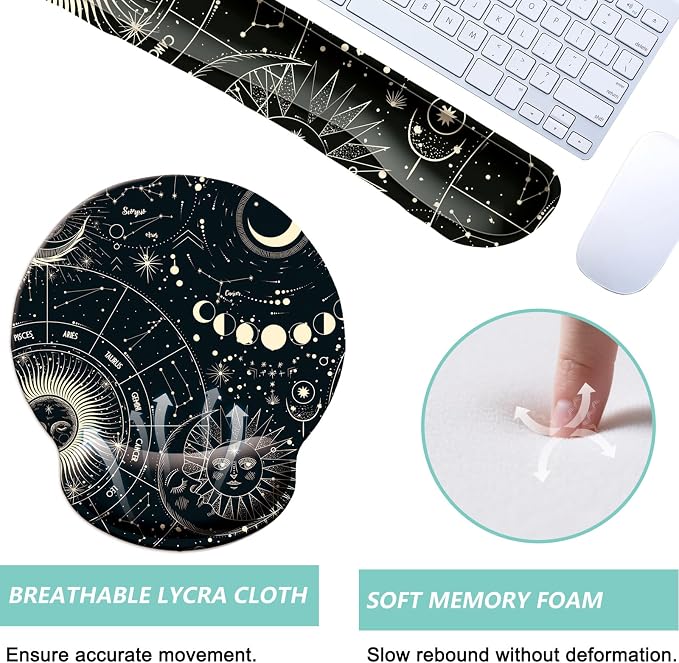 Keyboard Wrist Rest Pad Mouse Pad with Wrist Support Set of 3, Mousepad with Non-Slip Rubber Base, Ergonomic Memory Foam Mouse Wrist Cushion Support for Home Office Laptop Computer, Moon Phase
