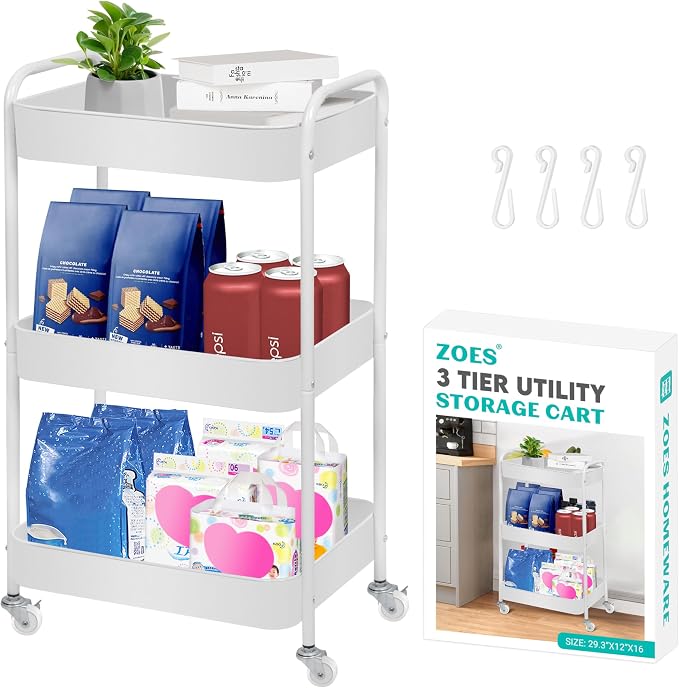 ZOES HOMEWARE 3 Tier Metal Rolling Cart on Wheels,Heavy Duty Utility Cart | Sturdy 3 Tiered Rolling Storage Cart With Hooks, Great For Craft, Art Workspace, Kitchen ,Snack And Office Storage, White