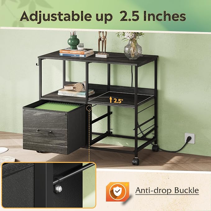 DEVAISE 3 Drawer Mobile File Cabinet with Storage Shelf, Charging Station | Fabric Lateral Filing Cabinet fits A4 or Letter Size, Adjustable Shelf for Home Office, Charcoal Black Wood Grain Print