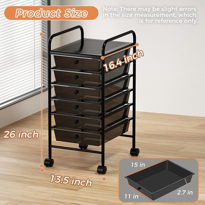 6 Tier Utility Rolling Cart with 6 Drawers Multipurpose Rolling Storage Cart with Wheels and Handles for Office Classroom Kitchen Bathroom Bedroom Organization Black
