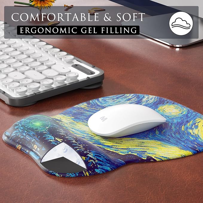 MROCO Ergonomic Mouse Pad with Gel Wrist Rest, 9.4 x 8.1 in, Starry Night | Ergonomic Shape Design, Multiple Pattern Options, Gel Wrist Comfort, Smooth Lycra Surface, Non-Slip PU Base