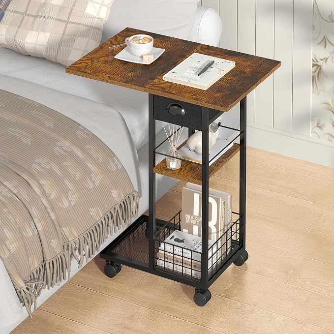 Large C Shaped End Table, Tray Table with Wheels, Drawer and Storage Basket | Large 23.6 x 15.7-Inch Top: 360°wheel rotation, 3-Tier storage with drawer and wheels or adjustable feet.
