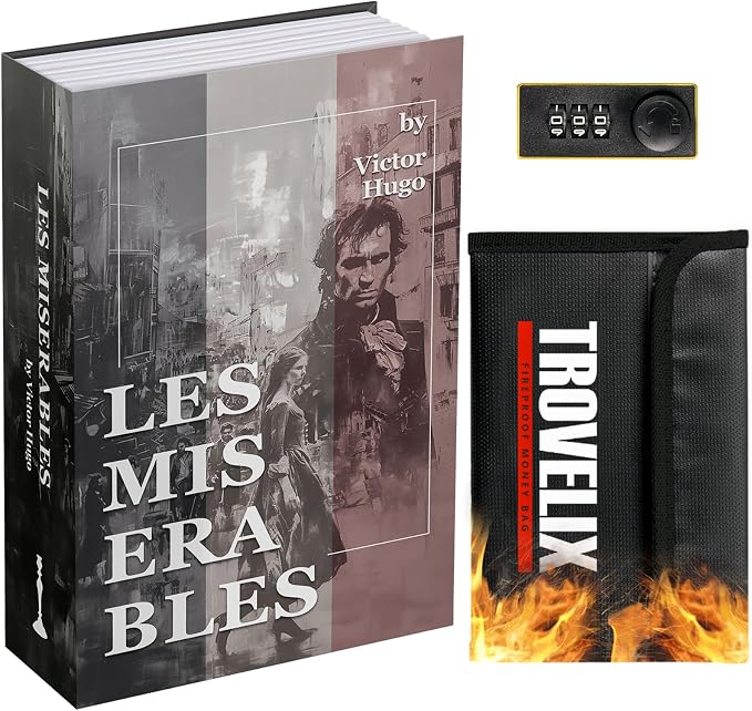 Book Safe with Combination Lock, Hidden Safe (9.5 x 6.2 x 2.2 Inch) with Fireproof Bag, Secret Diversion Safe, Hollow Book Box Hidden Storage, Money Safe Box for Cash(Les Mis)