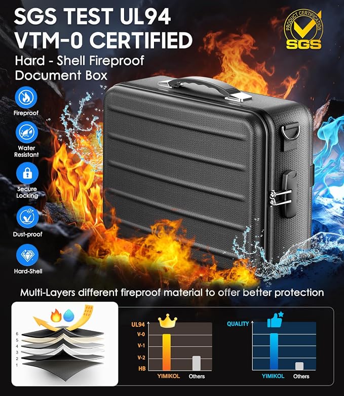 Fireproof Document Box with Lock, Hard-Shell Fireproof Safe Box | Fire proof Lock Box for Home Documents, Portable Travel Fire Proof File Box for Passport Laptop Certificates, Black