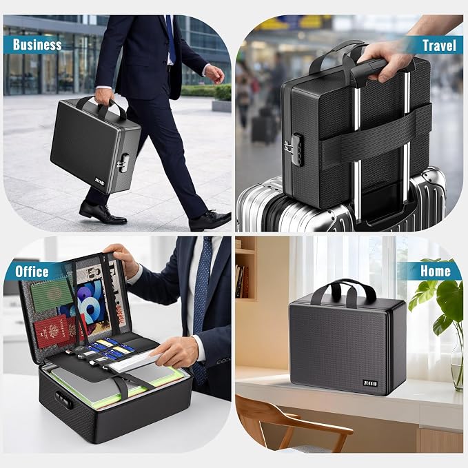 Fireproof Document Box with Lock, Hard-Shell File Organizer, Black | Water-Resistant Zipper,Letter Size,Large Capacity,Portable Safe Storage for Important Paperwork,Passports,Certificates