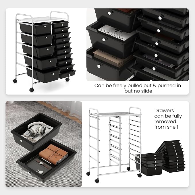 BECOMFORT 15-Drawer Rolling Cart with Drawers, Storage Cart on Wheels, Teacher Classroom Organizers with Metal Frame, Mobile Craft Cart for Tools, Trolley Utility Cart for School Office Play Room
