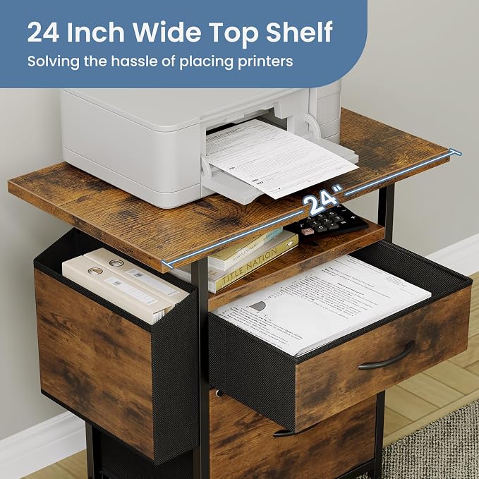 DUMOS 2 Drawer Mobile File Cabinet, Printer Stand with 24'' Wide Desktop | Fabric Drawer Cabinet Under Desk with Storage Side Bag,Rolling Printer Cart Not for Hanging Files for Home Office, Brown