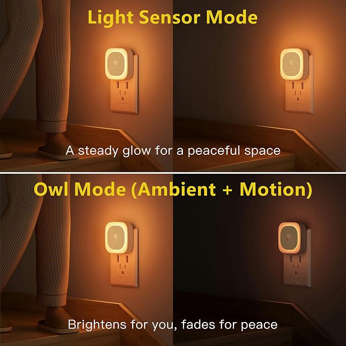 YUNLEX 2 Pack Plug in Amber Night Light with Motion Sensor & Dusk to Dawn Sensor, 3-in-1 Nightlight, Dimmable Night Lights Plug into Wall for Kids, Sleep, Bathroom, Bedroom
