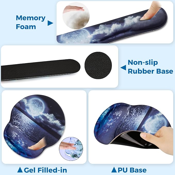 Mouse Pad and Keyboard Wrist Rest Support,Ergonomic Mouse Pad Set | Mousepad With Coaster and Non-Slip PU Base,Pain Relief for Desk Desktop Gaming, Computer,Office -Beach