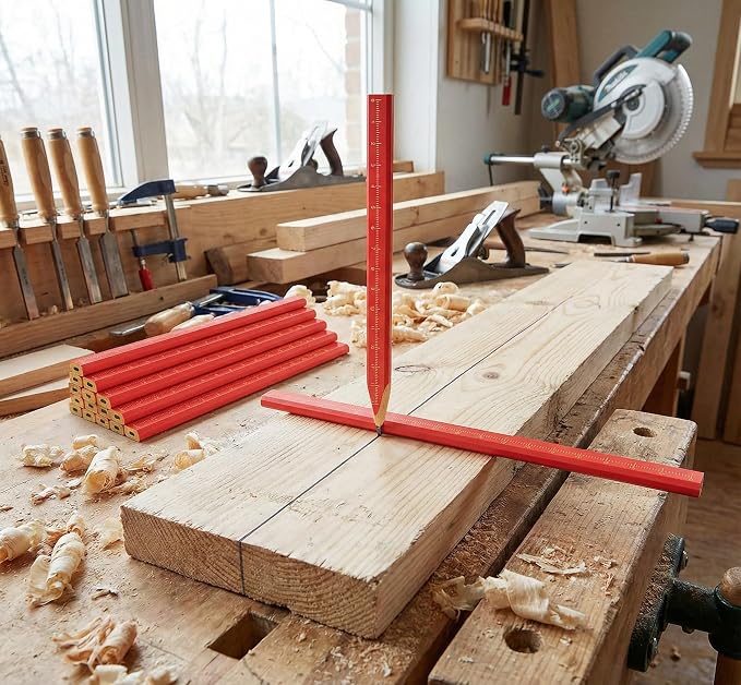 KR. LIF Carpenter Pencils with CM Scale – Framing Construction Pencil for Contractor & Woodworking 14-Pack (Red)