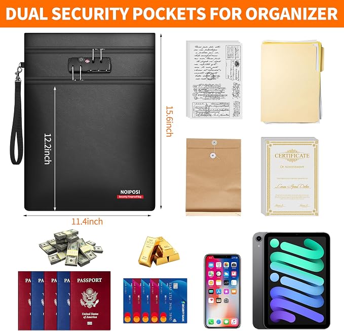 Noiposi 2-Pockets Fireproof Document Bag with Lock | 12 Layers 6400℉ Fireproof Bag(15x11 inch ) for Legal Letter Documents - Give You Peace of MInd