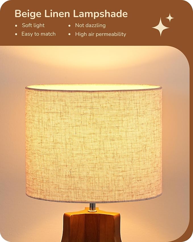 EDISHINE 14.6" Modern Table Lamp, Rose Wood Base Nightstand Lamp, E26 Base | Beige Linen Shade, On-Off Line Switch, Small Cute Bedside Lamp for Living Room, Bedroom, Office