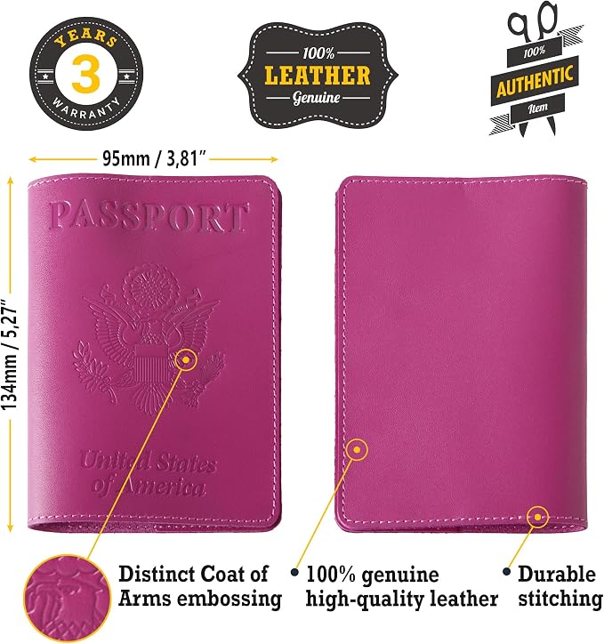 US Leather Passport Book Cover - Thin American Travel Passport Holder - Premium International USA Passport Protector Case for Women Men (Pink)