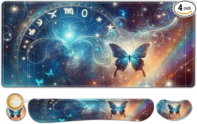 ToLuLu Large Mouse Pad Desk Pad Set, Wrist Rest Support Desk Mat for Keyboard and Mouse, 4PCS 35.4”x15.7 XXL Giant Mouse Pad, Non-Slip Base Stitched Edges Mousepad Home Office, Glittering Butterfly