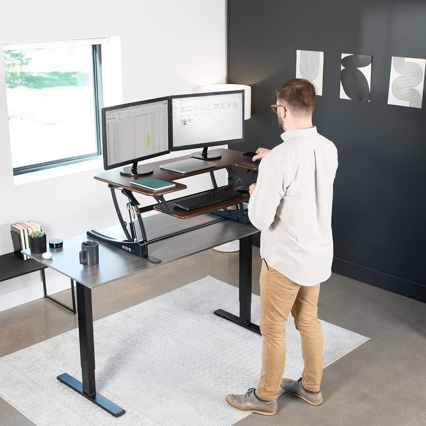VIVO 42 inch Height Adjustable Stand Up Desk Converter, V Series, Quick Sit to Stand Tabletop Dual Monitor Riser Workstation, Dark Walnut Top, Black Frame, DESK-V000VLD