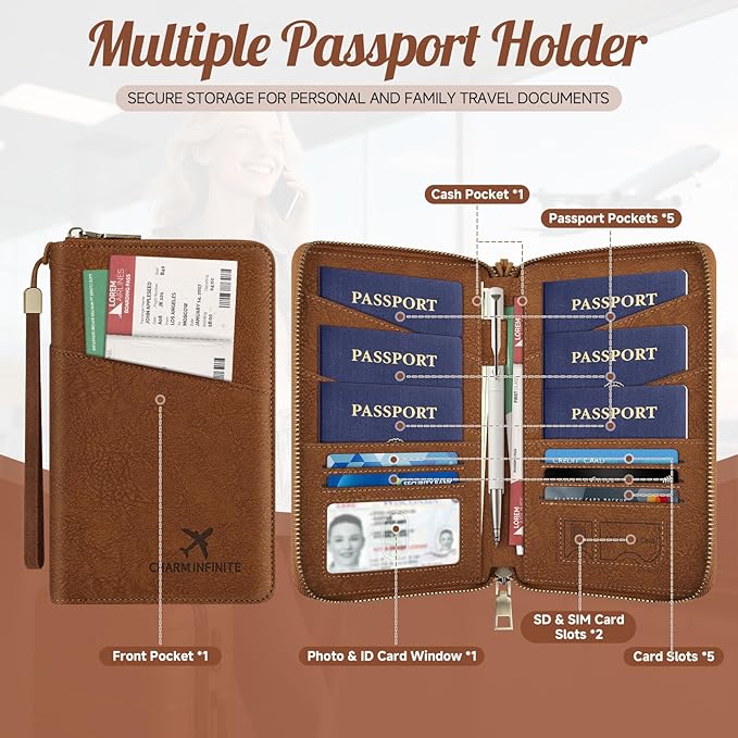 Likesing Family Passport Holder for 4, RFID Multiple Passport Holder-Pink | Leather RFID Blocking Travel Passport Wallet with Zipper, Travel Document Organizer with Wrist Strap Card Slots for Women Men