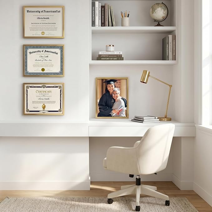 Americanflat 8.5x11 Picture Frame with Shatter-Resistant Glass - Streamline Collection - Thin Border Photo Frame for Tabletop and Wall Display - Hanging Hardware and Easel Stand Included - Gold