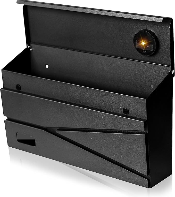 Ydocabinit Wall Mount Mailbox, Large Capacity Mailbox for House, Visibility Galvanized Steel Rust-Proof Metal Post Box Drop, Mailboxes for Outside, 15.74"×9.84"×4.33" Solar Lanterns Black