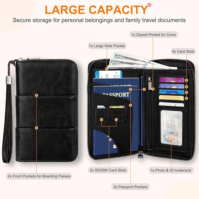 RFID Family Passport Holder Wallet - Travel Document Organizer | PU Leather, with Wristlet, Zipper, Cards, Boarding Pass, ID, Cash, Ticket Pockets,Travel Essentials Gifts for Women Men