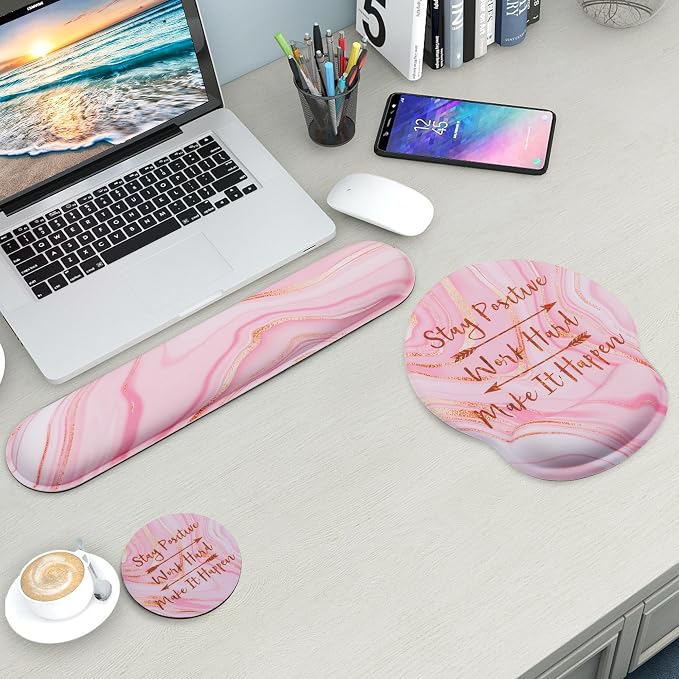 Mouse Pad and Keyboard Wrist Rest Support,Ergonomic Mouse Pad Set | Mousepad With Coaster and Non-Slip PU Base,Pain Relief for Desk Desktop Gaming, Computer,Office -Beach