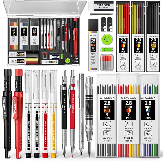 STAGEEK 30 Pack Carpenter Pencils Set With 79 Refills | Construction Pencil, Deep Hole Long-Nib Marker Pens, Automatic Center Punch and Carbide Scribe Tool for Woodworking with Case