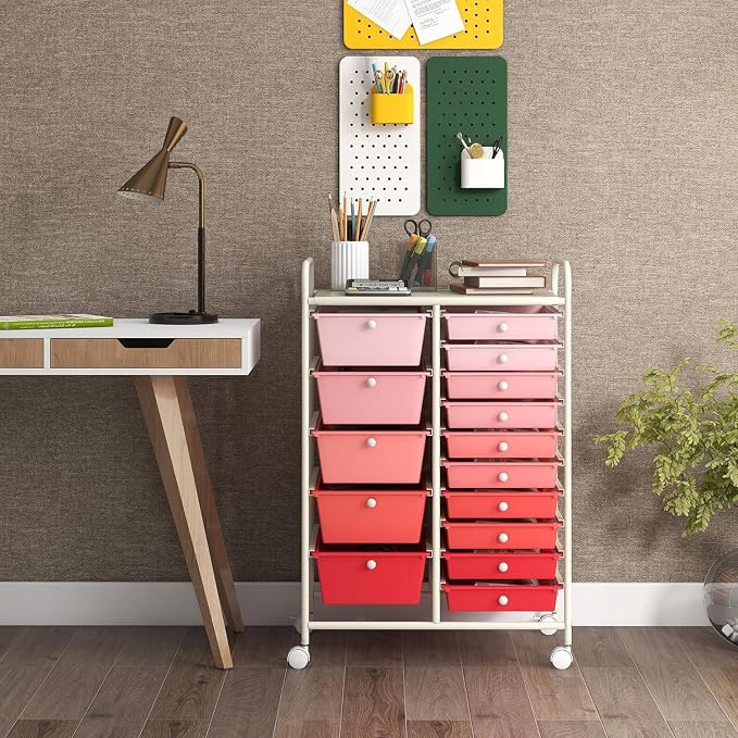 15 Drawer Rolling Storage Cart, Rolling Cart with Drawers for Classroom, Art Supply Craft Organizer on Wheel with Metal Frame & Handles for Home Office School