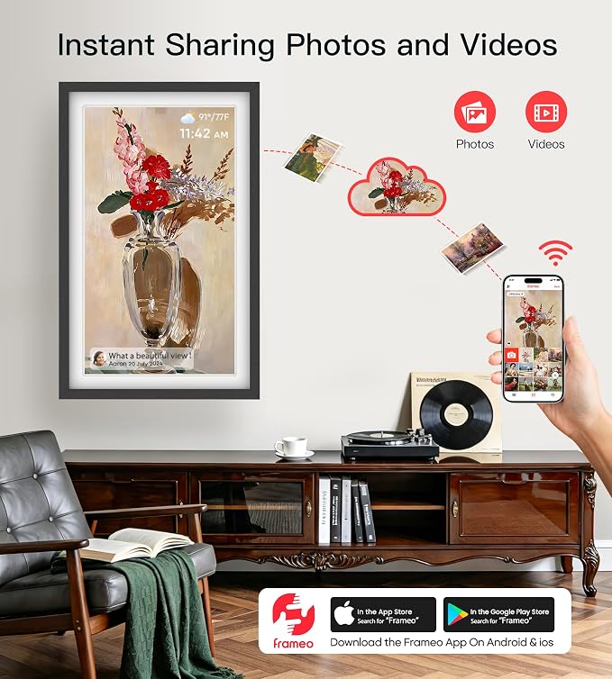 BIGASUO 21.5" Large Digital Picture Frame 64GB, Frameo Digital Photo Frames WiFi with 1920x1080 FHD IPS Touch Screen, Share Photos/Videos Via Frameo App/USB/SD, Photo Gifts for Parent and Grandparent