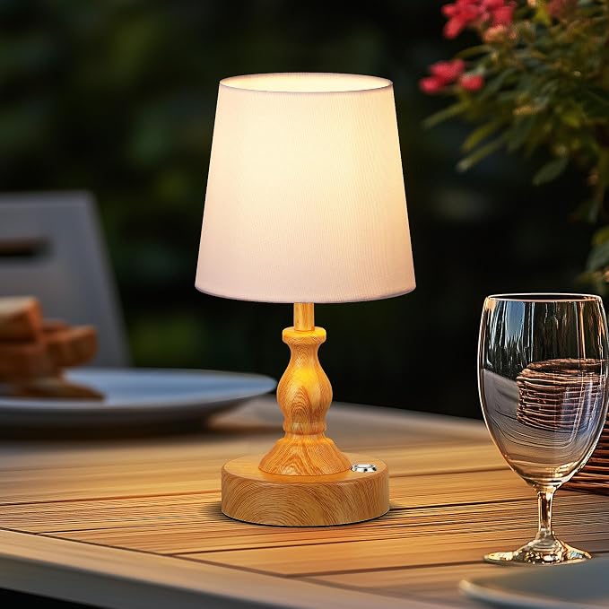 Mini Cordless LED Table Lamp, 5200mAh Rechargeable Battery Operated Lamp, 3-Level Brightness, Touch Dimmable Desk Lamp, Bedside Night Light for Patio Camping Restaurant Home, Wood Grain